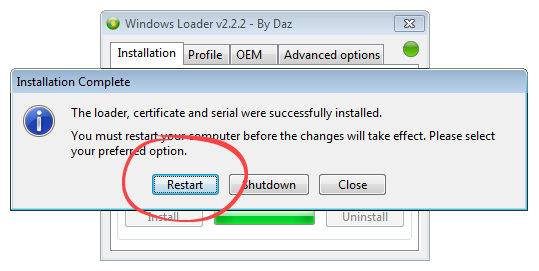 Перезагрузка системы после удачной активации