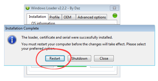Перезагрузка Windows 7 после успешной активации